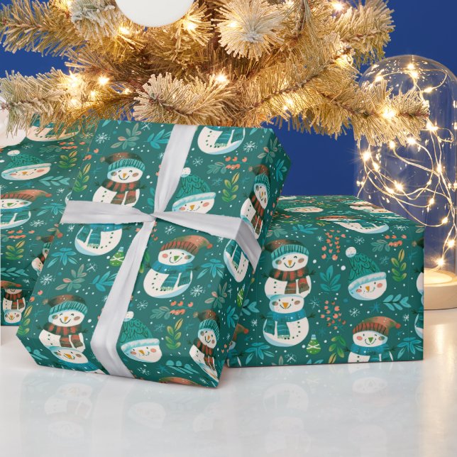 Papel De Presente Bonito Snowmen Verde Flocos de Neve Natal Verde (Feriados)