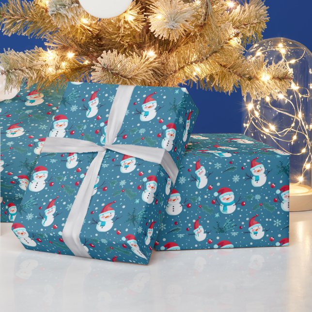 Papel De Presente Bonito Snowmen Verde Neve Azul Natal (Feriados)