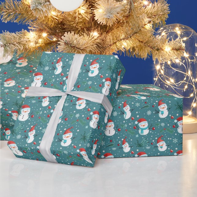 Papel De Presente Bonito Snowmen Verde Neve Natal Verde (Feriados)