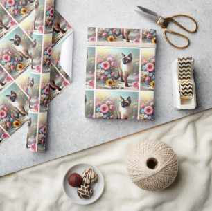 Papel De Presente Bonitos Gatos Siameses e Flores
