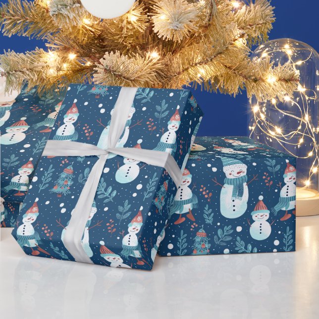Papel De Presente Bonitos Homens de Neve Vegetação Neve Azul Natal (Feriados)