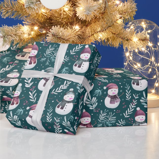 Papel De Presente Bonitos Homens de Neve Vegetação Verde Natal (Feriados)