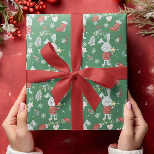 Papel De Presente Bons Animais de Cartoon, Coelhinhos Vermelhos (Cute Cartoon Animals Bunny Green Red Custom Wrapping Paper
)