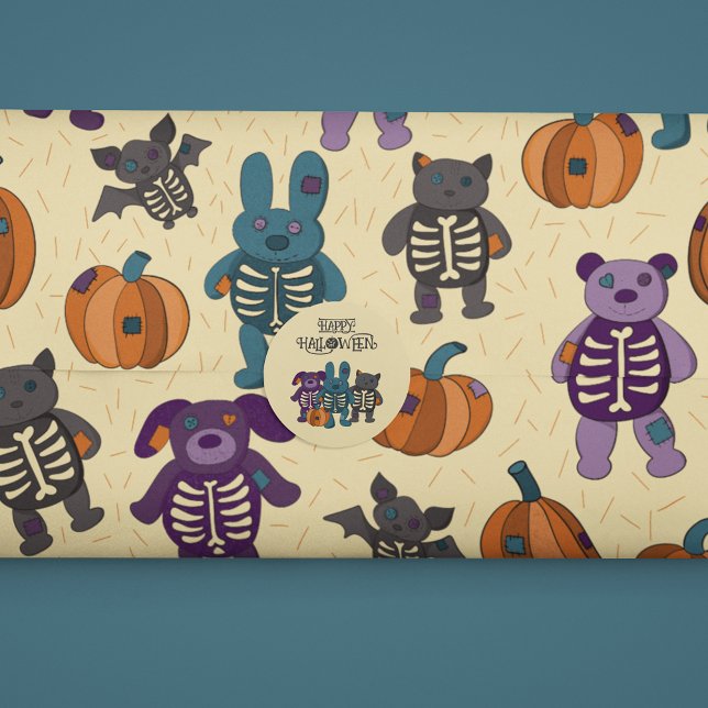 Papel De Presente Bons animais de esqueleto e abóboras no Halloween (Criador carregado)