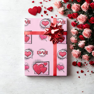 Papel De Presente Bons presentes cardíacos, estilo gibi, cor-de-rosa