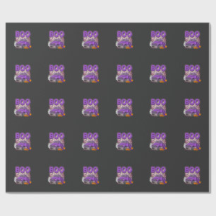 Papel De Presente Boo Halloween Caminhão Roxo Fantasma e Abóboras De