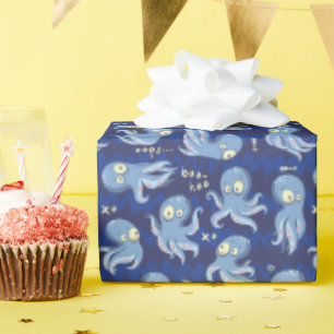 Papel De Presente Boo Octopus Blue Cuide Party Ocean