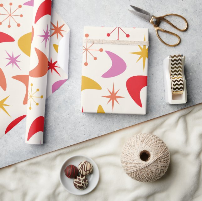 Papel De Presente Boomerang de Meados do Século com Estrelas Atômica (Artesanato)