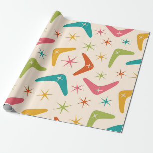 Papel De Presente Boomerang de Meados do Século com Estrelas Explosi