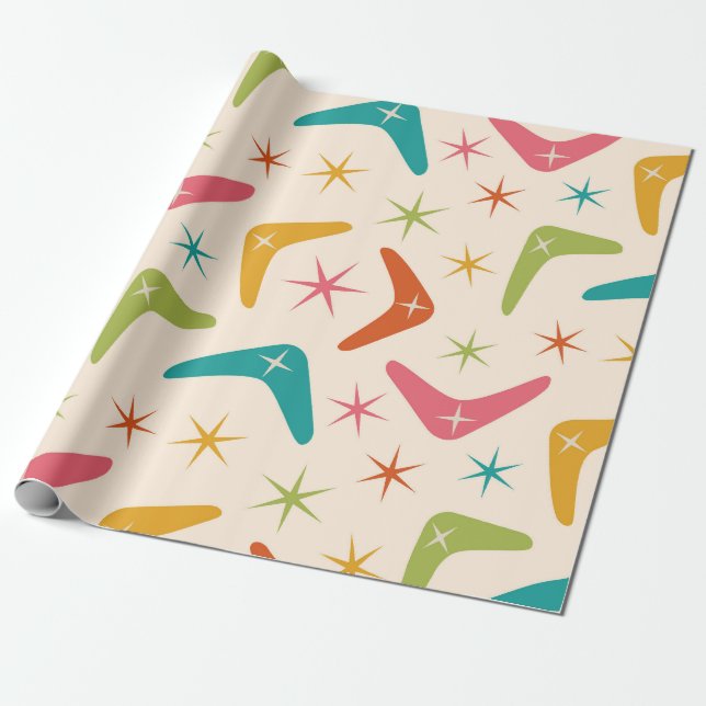 Papel De Presente Boomerang de Meados do Século com Estrelas Explosi (Desenrolado)