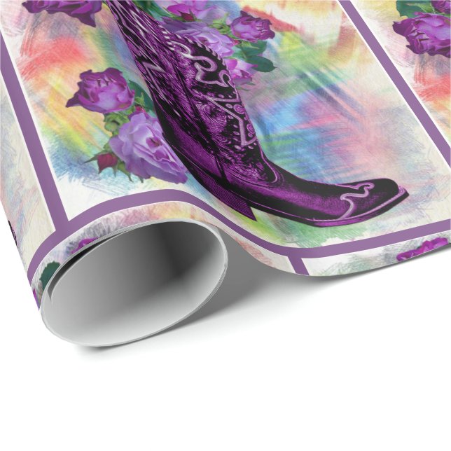 Papel De Presente Boot de cowboy roxo com Rosas em aquarela (Ponta do rolo)