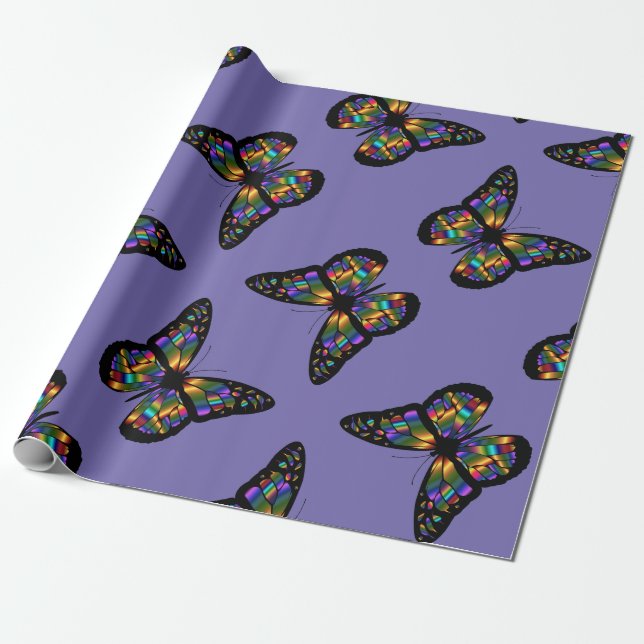 Papel De Presente Borboleta Arco-Íris Púrpura (Desenrolado)
