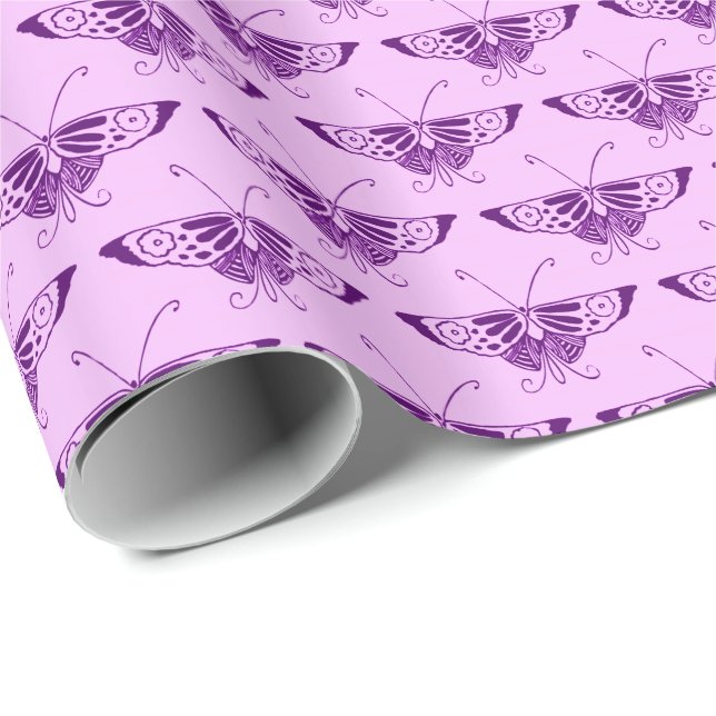 Papel De Presente Borboleta Art Déco estilizada - roxo e orquídea (Ponta do rolo)