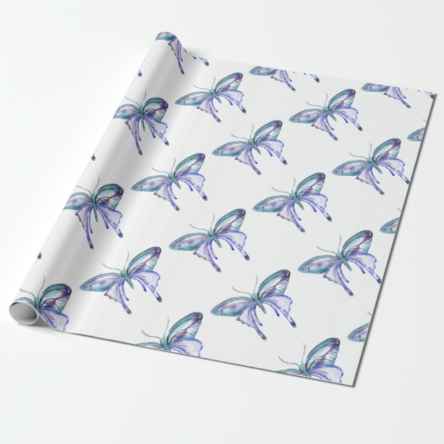 Papel De Presente borboleta azul aqua roxa aquarela (Desenrolado)