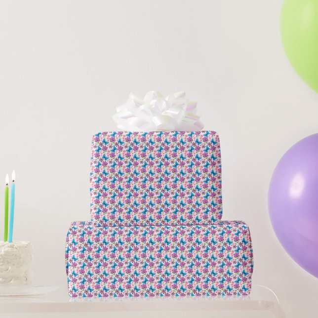 Papel De Presente Borboleta Azul e Padrão Floral Roxo (Presentes para festas)