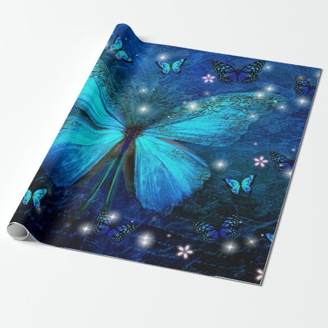 Papel De Presente Borboleta Azul Elegante (Desenrolado)