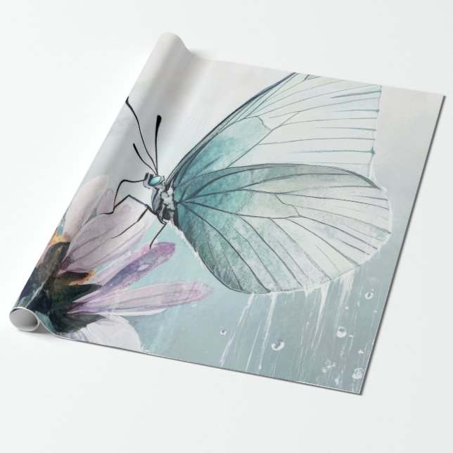 Papel De Presente Borboleta Azul-Mint Floral Pastel Macio (Desenrolado)