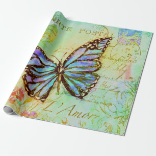 Papel De Presente Borboleta azul-turquesa e roxa