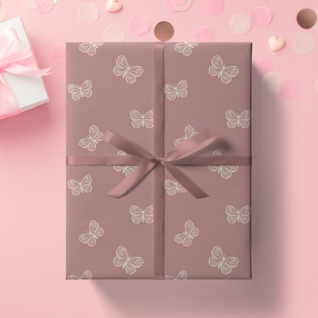 Papel De Presente Borboleta Boho Moderno Bebê Menina Neutro Mauve (Criador carregado)