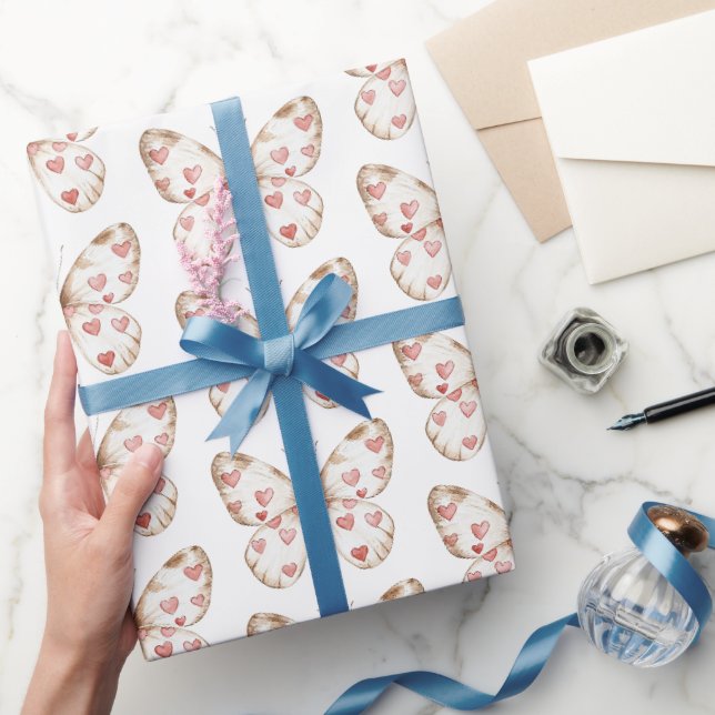Papel De Presente Borboleta Branca Corações Aniversário (Presentear)