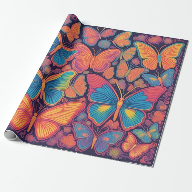 Papel De Presente Borboleta Colorida Vibrante Design vívida (Desenrolado)