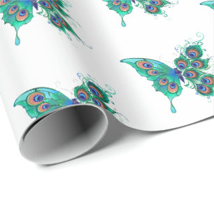 Papel De Presente Borboleta com Penas de Pavão Verde