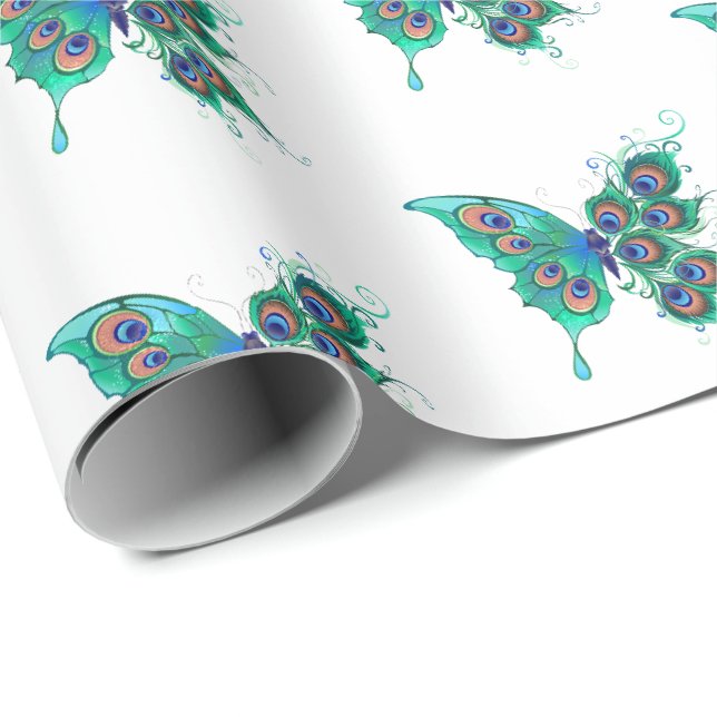 Papel De Presente Borboleta com Penas de Pavão Verde (Ponta do rolo)