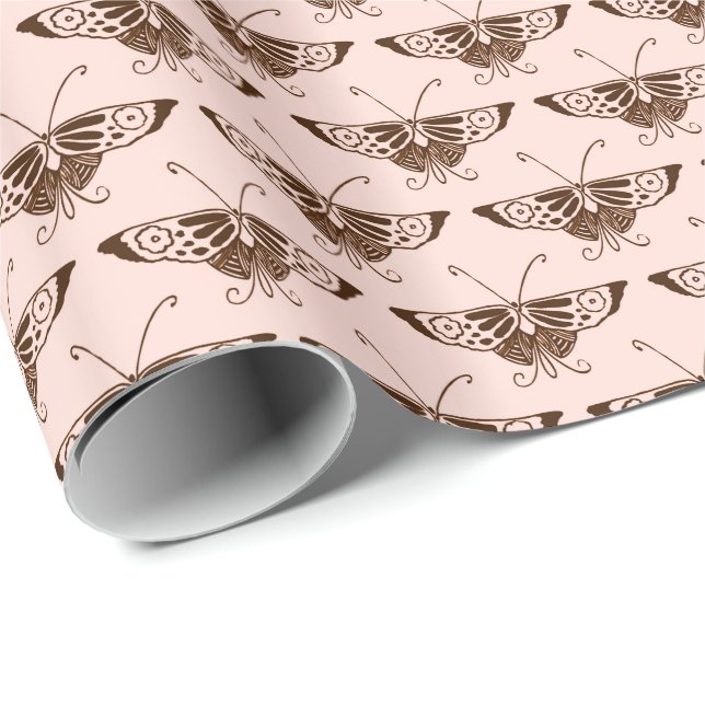 Papel De Presente Borboleta Deco Estilizada - chocolate e pêssego (Ponta do rolo)