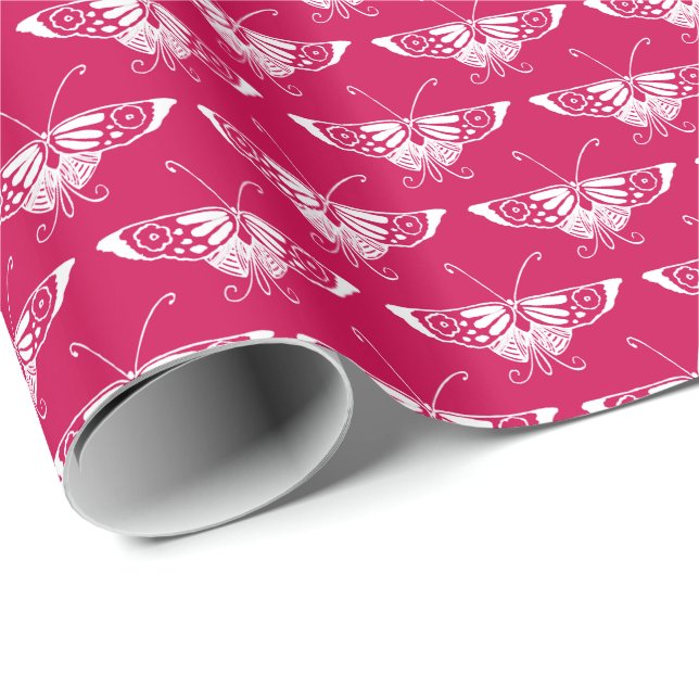Papel De Presente Borboleta Deco Estilizada - cor-de-rosa fuchsia (Ponta do rolo)