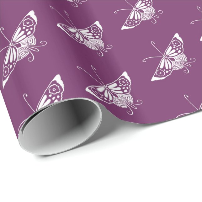 Papel De Presente Borboleta Deco estilizada - roxo berinjela (Ponta do rolo)
