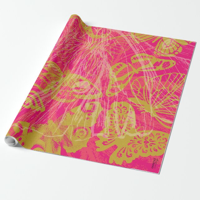 Papel De Presente Borboleta Dourada Chic Fuchsia (Desenrolado)