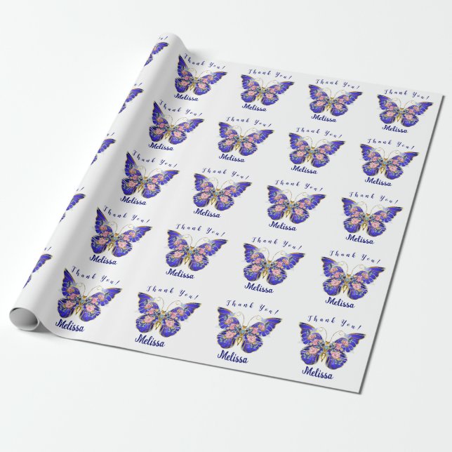 Papel De Presente Borboleta Dourada rosa azul branca Floral Obrigado (Desenrolado)