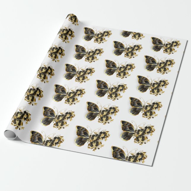 Papel De Presente Borboleta Flor Dourada com Orquídea Preta (Desenrolado)