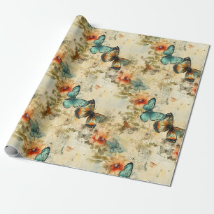 Papel De Presente Borboleta Floral Laranja Teal Antiga