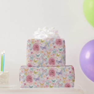 Papel De Presente Borboleta Floral Pastel / Jardim Suave