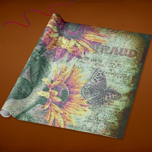 Papel De Presente Borboleta Girassol Rústico Efêmero Ousado