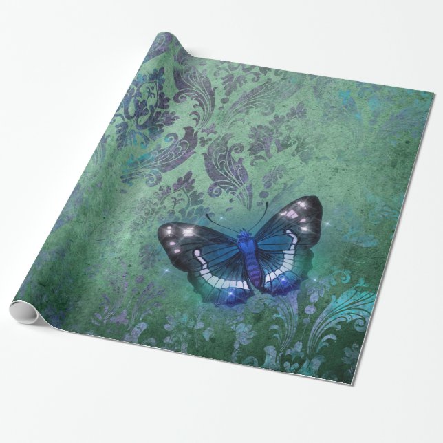Papel De Presente Borboleta Iridescente Damask Vintage (Desenrolado)