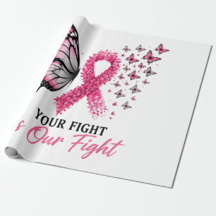 Papel De Presente Borboleta Laço Rosa Conscientização do Câncer de M