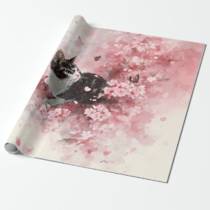 Papel De Presente Borboleta Laranja & Pétalas de Sakura Rosa com Gat