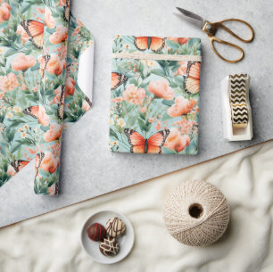 Papel De Presente Borboleta Laranja Verde