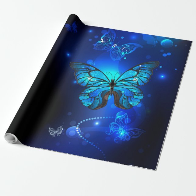 Papel De Presente Borboleta Morpho em Fundo Escuro (Desenrolado)