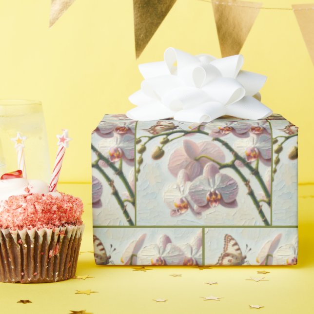 Papel De Presente Borboleta Sobre Orquídea Impai Pintura (Festa de aniversário)