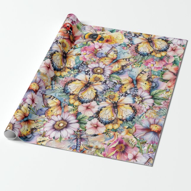 Papel De Presente Borboletas, Abelhas, Libélulas, Joaninhas (Desenrolado)