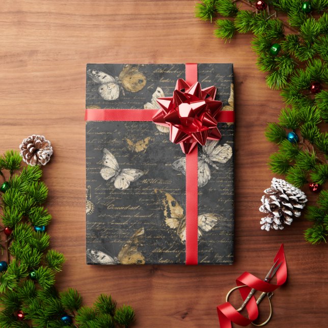 Papel De Presente Borboletas Antigas em Escrita à Mão Antiga (Presente de Natal)