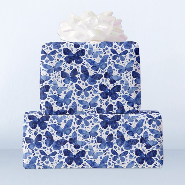 Papel De Presente Borboletas Aquarela Azul (Pretty watercolor indigo blue and white butterfly pattern gift wrapping paper)