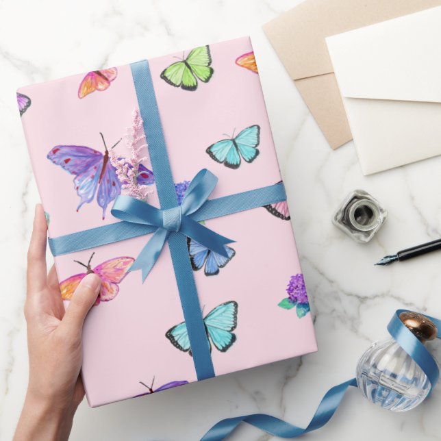 Papel De Presente Borboletas Aquarela E Hortênsias (Presentear)