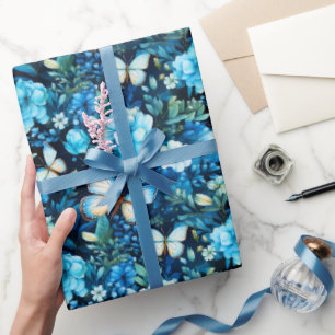 Papel De Presente Borboletas Azuis e Floral Azul