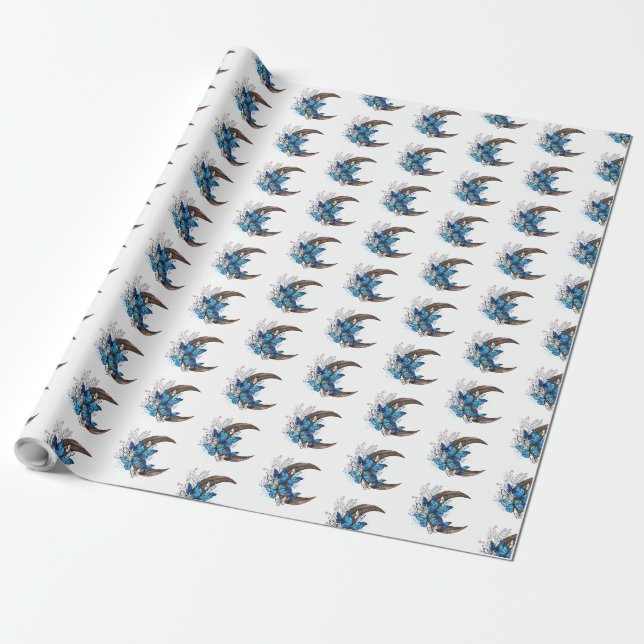 Papel De Presente Borboletas azuis em crescente de madeira (Desenrolado)