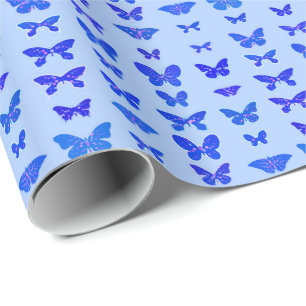 Papel De Presente Borboletas, azul cobalto, fundo azul claro