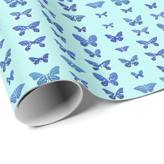 Papel De Presente Borboletas, azul, fundo turquesa claro (Ponta do rolo)